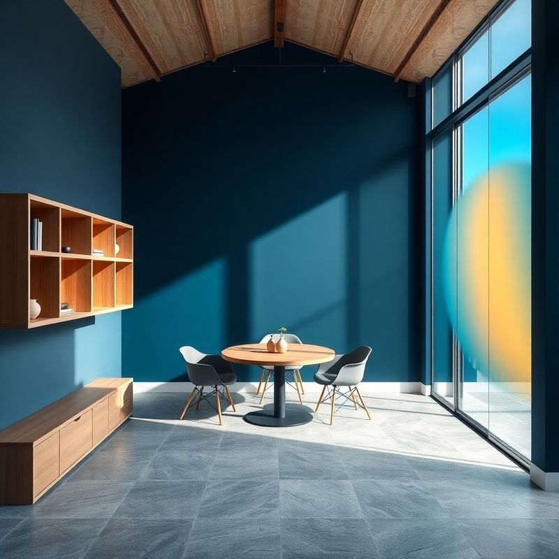 Minimalen interier butične svetovalnice z indigo paleto in alpsko dnevno svetlobo