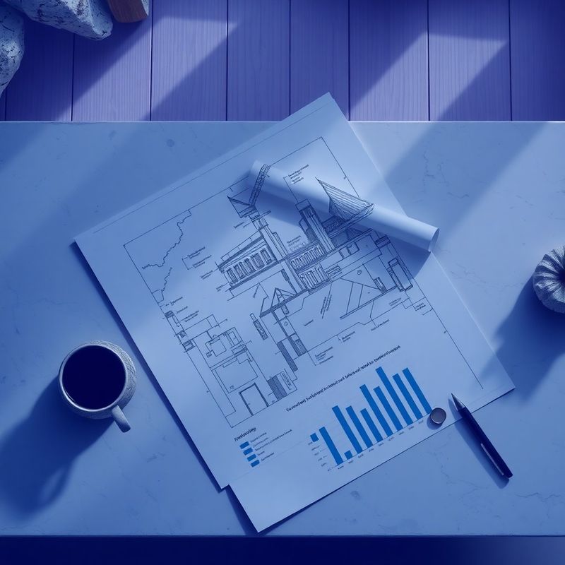 Editorial prikaz arhitekturnega načrta in indigo-obarvanih finančnih dokumentov