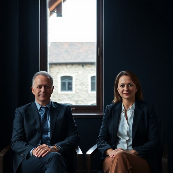 Dva strokovnjaka v pisarni z indigo toni in ljubljansko arhitekturo skozi okno